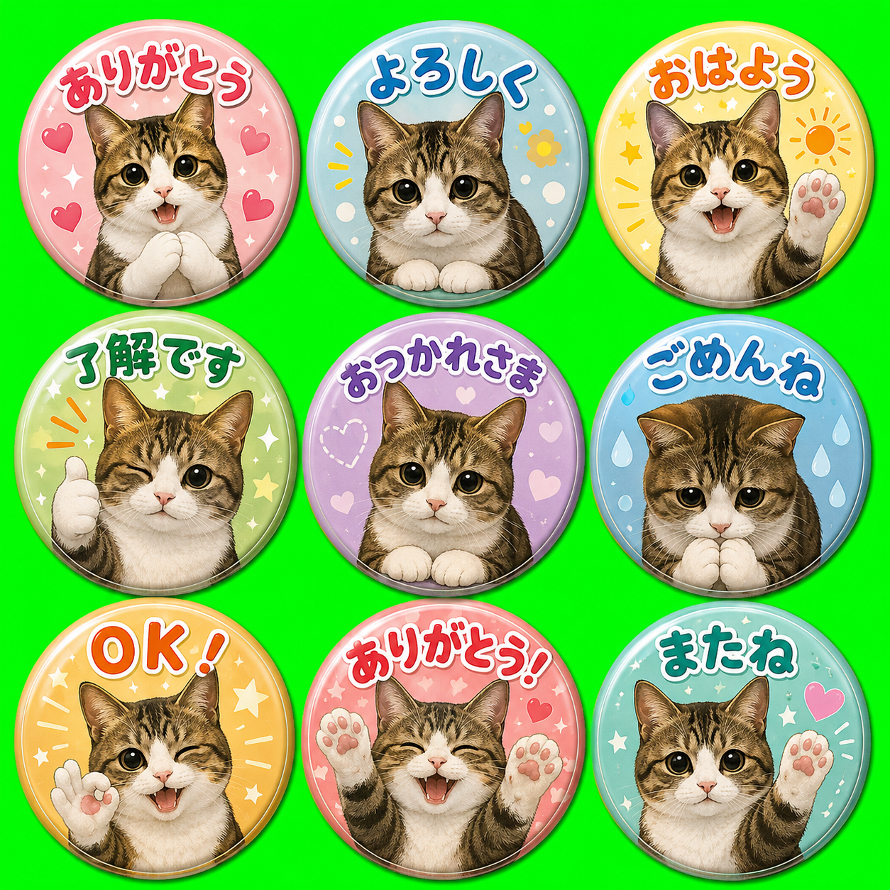 缶バッジ風のLINEスタンプ作風サンプル