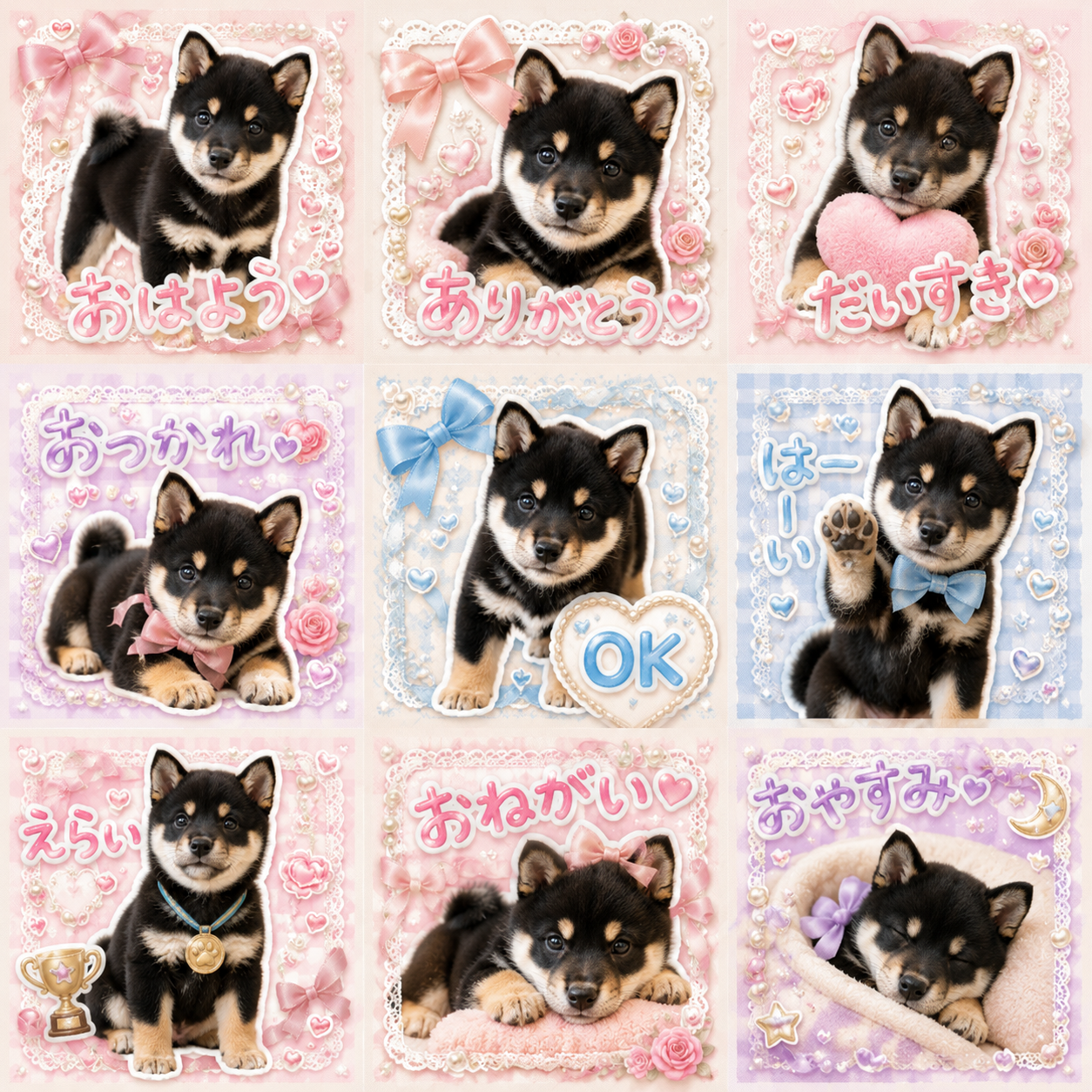 リボン・レース・コケット風のLINEスタンプ作風サンプル
