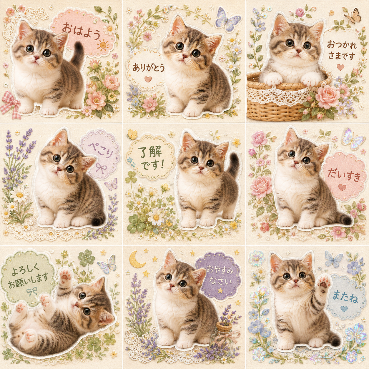 コテージコア花園風のLINEスタンプ作風サンプル