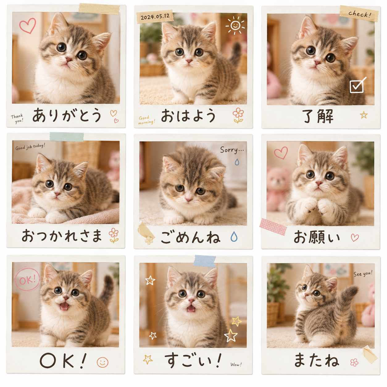 ポラロイドパステル風のLINEスタンプ作風サンプル