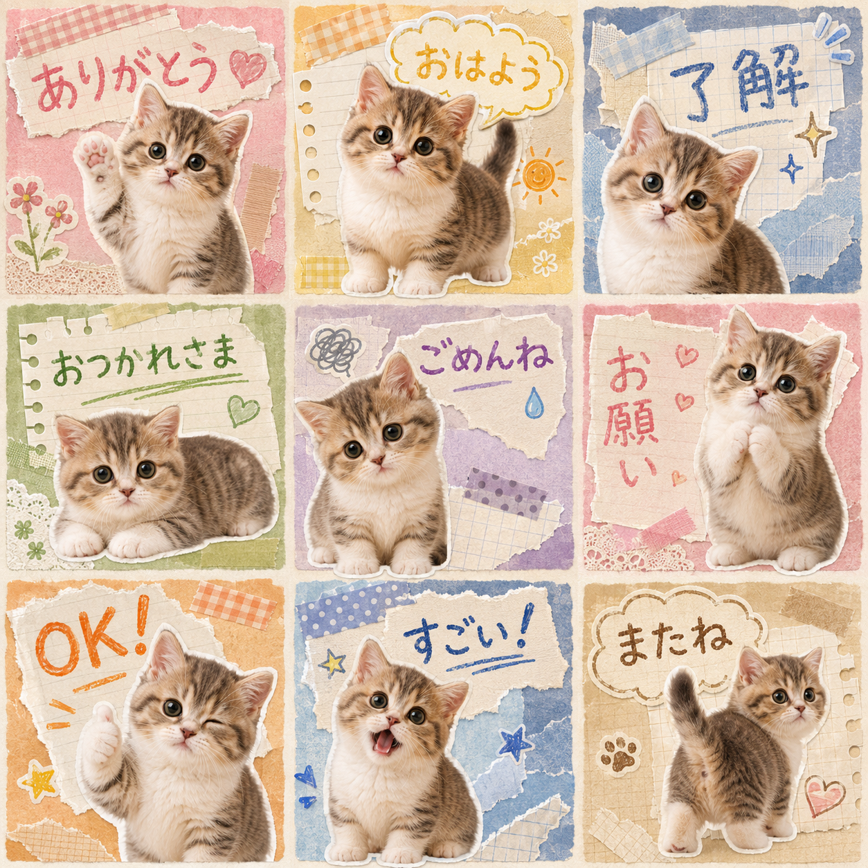 スクラップブック和紙風のLINEスタンプ作風サンプル