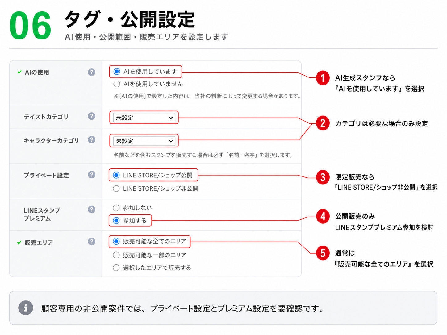 タグ・プライベート設定・販売エリアの設定画面